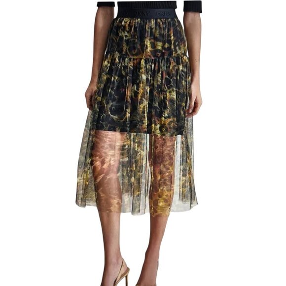 DKNY Animal Print Mesh Tulle Skirt  Midi Elastic Waist: Large - Picture 9 of 9